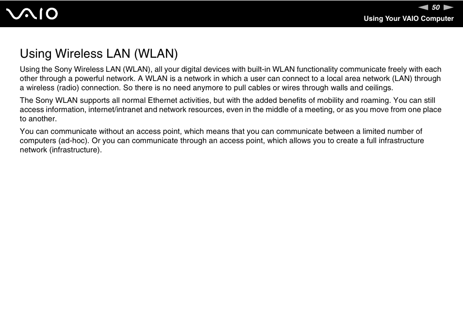 Using wireless lan (wlan) | Sony VGN-FS Series User Manual | Page 50 / 150