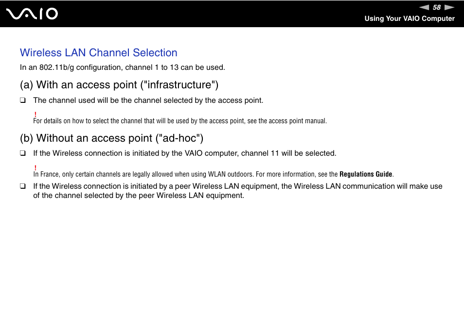 Wireless lan channel selection, A) with an access point ("infrastructure"), B) without an access point ("ad-hoc") | Sony VGN-FS Series User Manual | Page 58 / 150