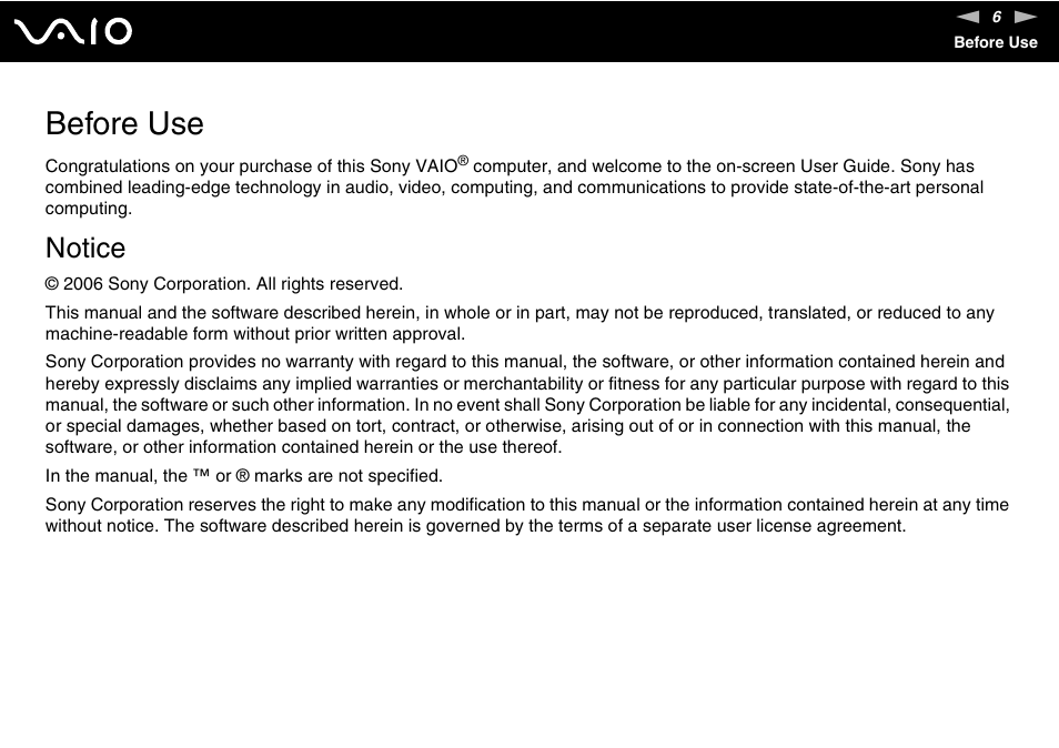 Before use, Notice | Sony VGN-FS Series User Manual | Page 6 / 150