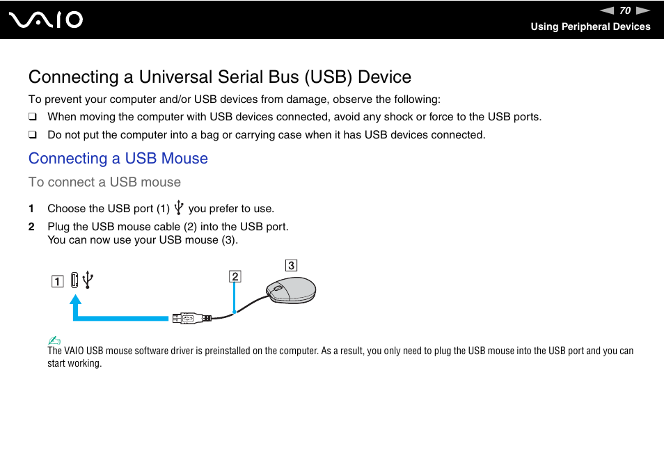 Connecting a universal serial bus (usb) device, Connecting a usb mouse | Sony VGN-FS Series User Manual | Page 70 / 150