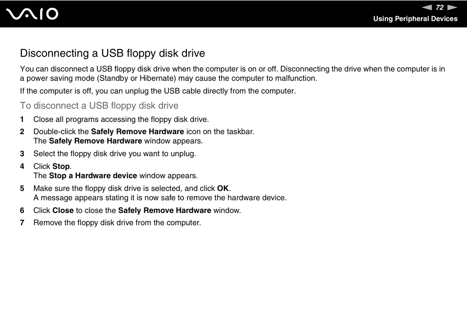 Disconnecting a usb floppy disk drive | Sony VGN-FS Series User Manual | Page 72 / 150