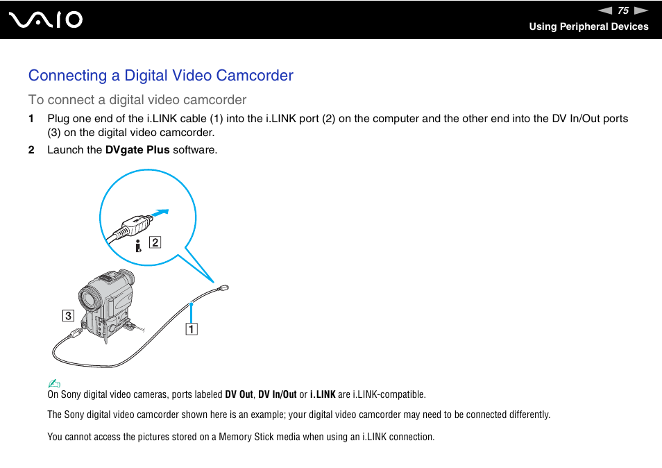 Connecting a digital video camcorder | Sony VGN-FS Series User Manual | Page 75 / 150