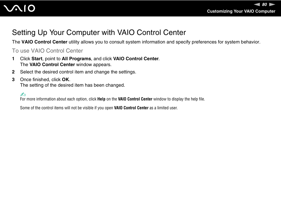Setting up your computer with vaio control center | Sony VGN-FS Series User Manual | Page 80 / 150