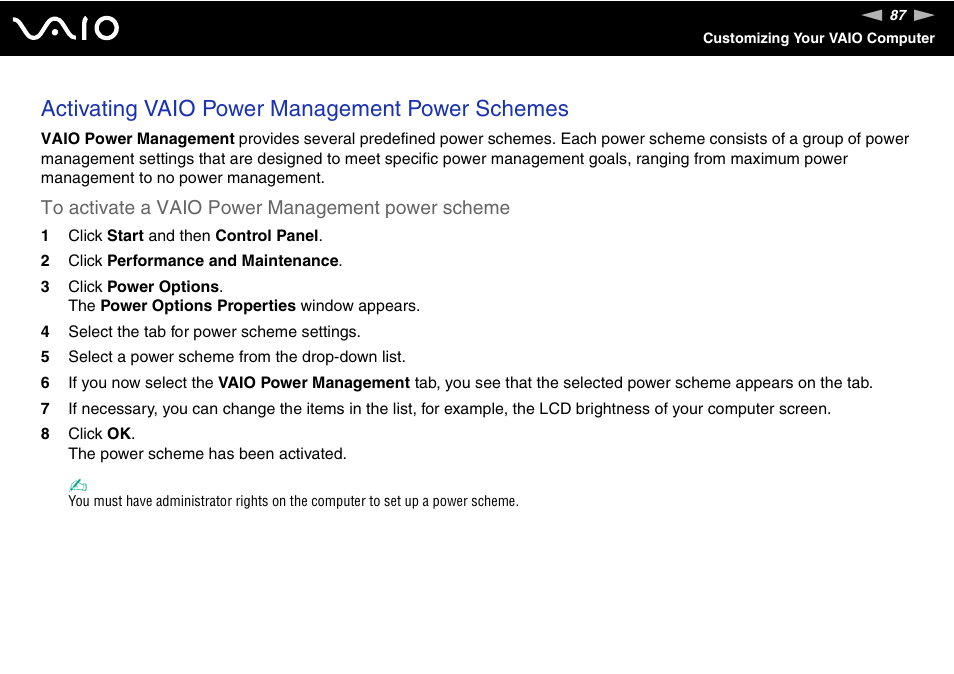 Activating vaio power management power schemes | Sony VGN-FS Series User Manual | Page 87 / 150