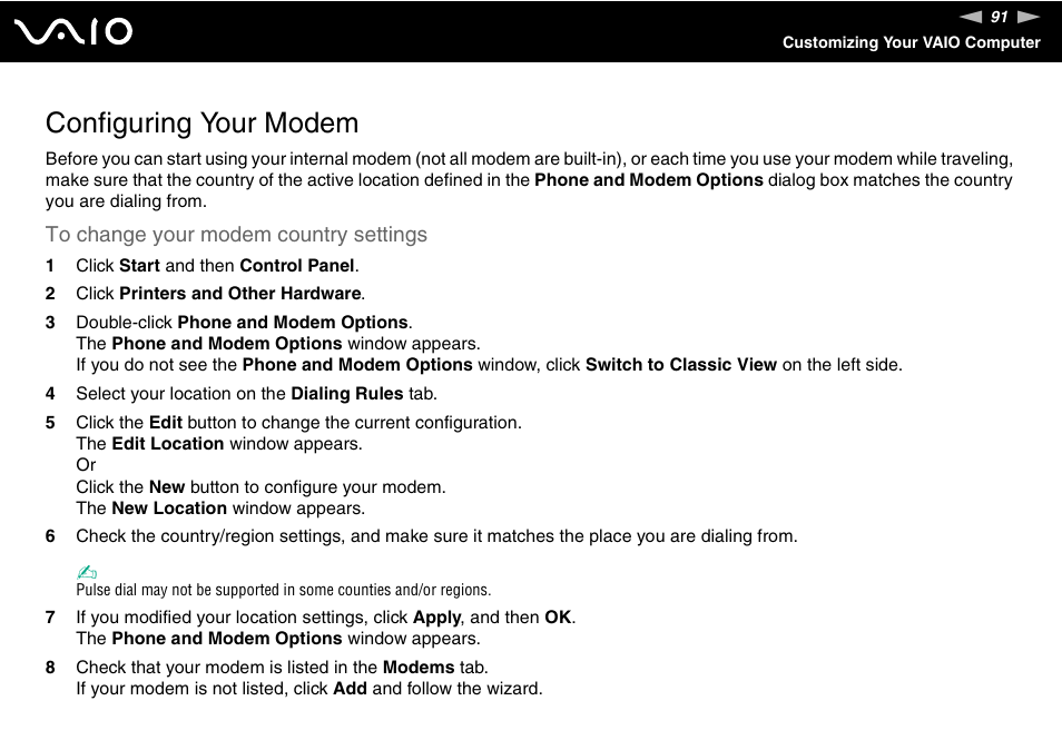 Configuring your modem | Sony VGN-FS Series User Manual | Page 91 / 150