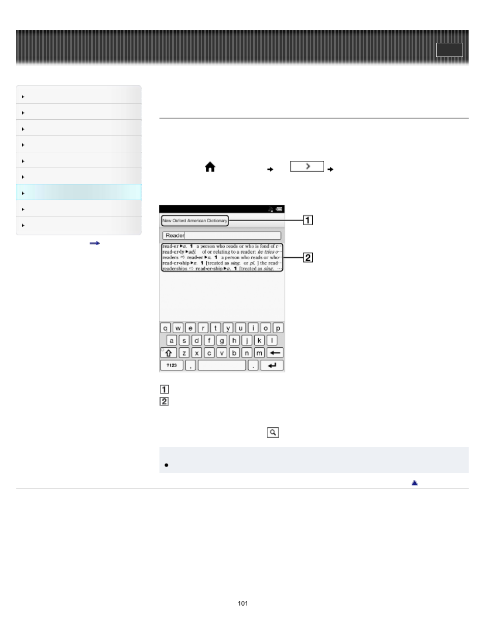 Using the dictionary | Sony PRS-T1 User Manual | Page 101 / 160