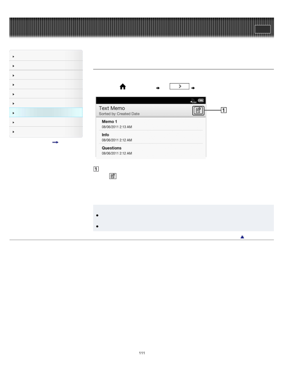 Creating a text memo | Sony PRS-T1 User Manual | Page 111 / 160