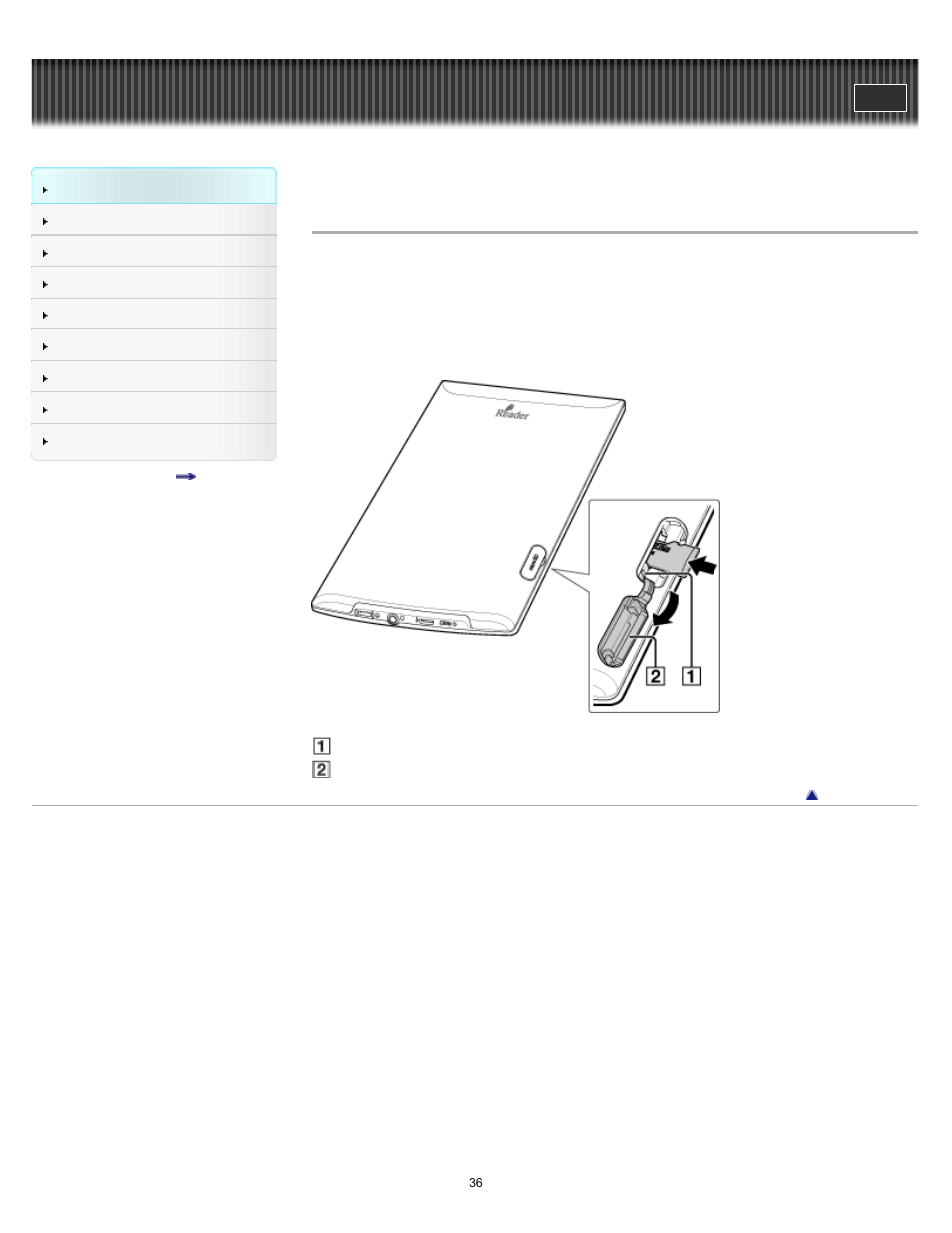 Microsd card slot | Sony PRS-T1 User Manual | Page 36 / 160