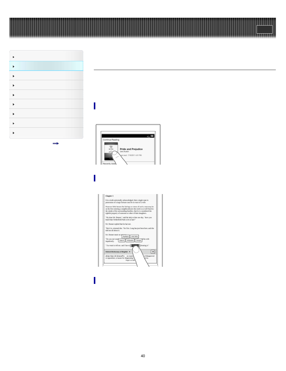 Touchscreen operations | Sony PRS-T1 User Manual | Page 40 / 160