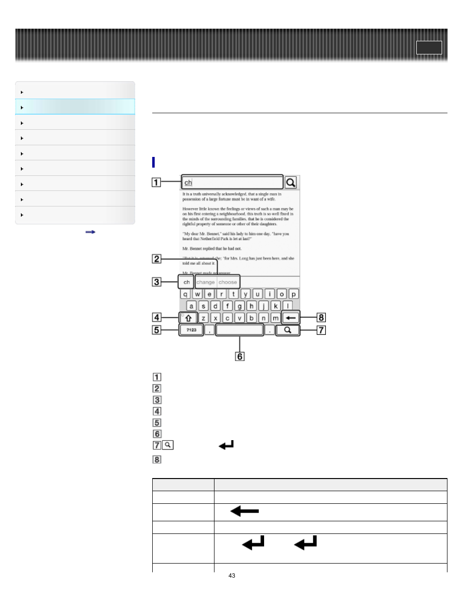 On-screen keyboard | Sony PRS-T1 User Manual | Page 43 / 160