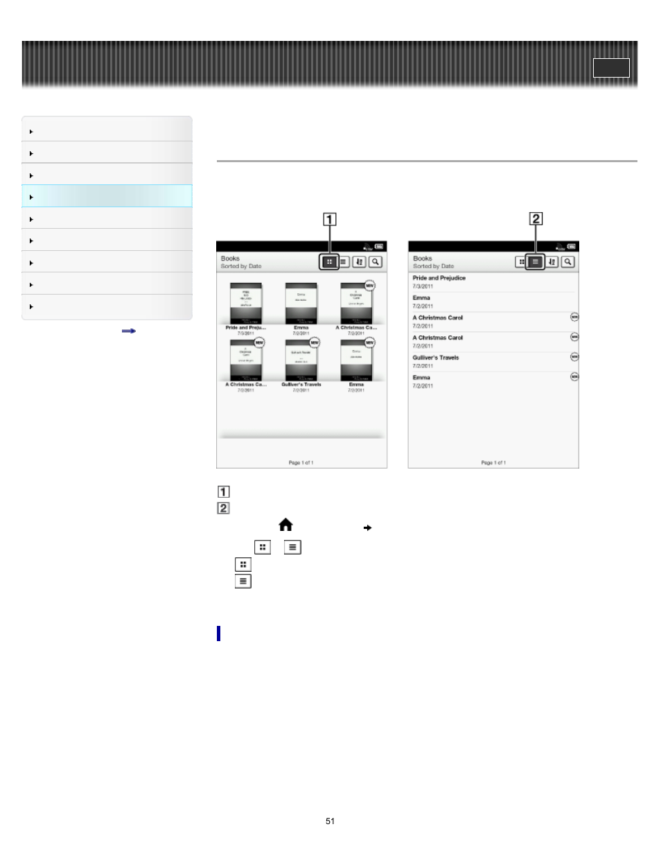 Browsing in thumbnail view and list view | Sony PRS-T1 User Manual | Page 51 / 160