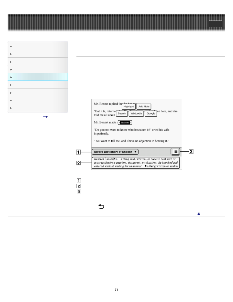 Using the dictionary | Sony PRS-T1 User Manual | Page 71 / 160