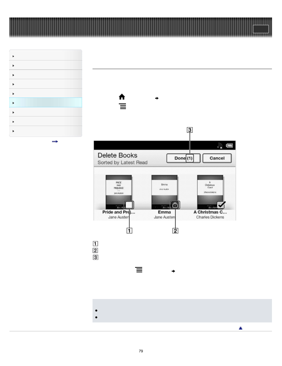 Deleting multiple items at once, Details | Sony PRS-T1 User Manual | Page 79 / 160