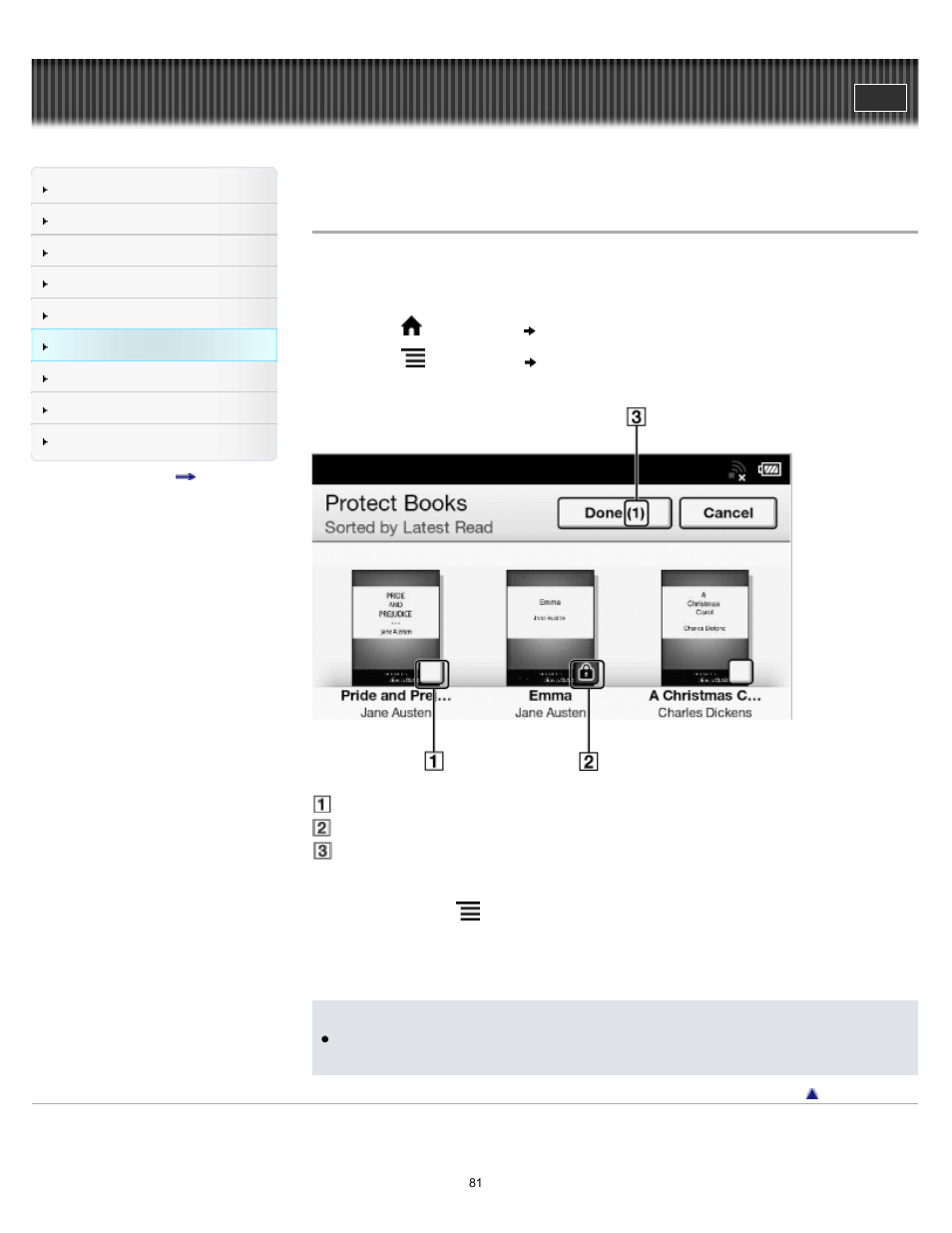 Protecting multiple items at once | Sony PRS-T1 User Manual | Page 81 / 160