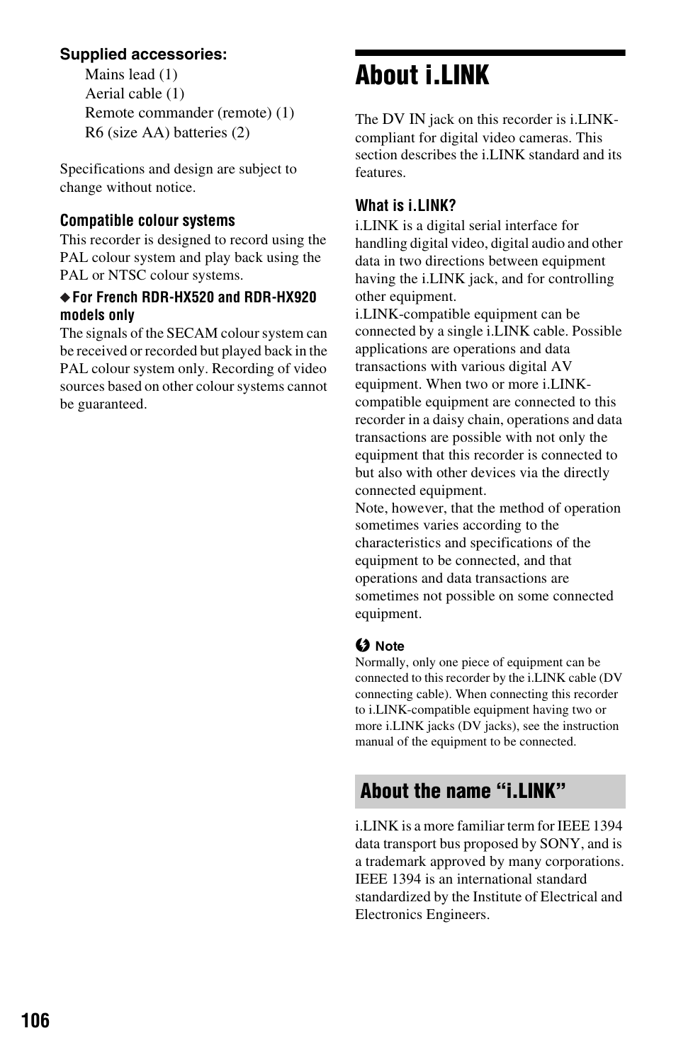 About i.link, About the name “i.link | Sony VIDEO Plus RDR-HX720 User Manual | Page 106 / 116