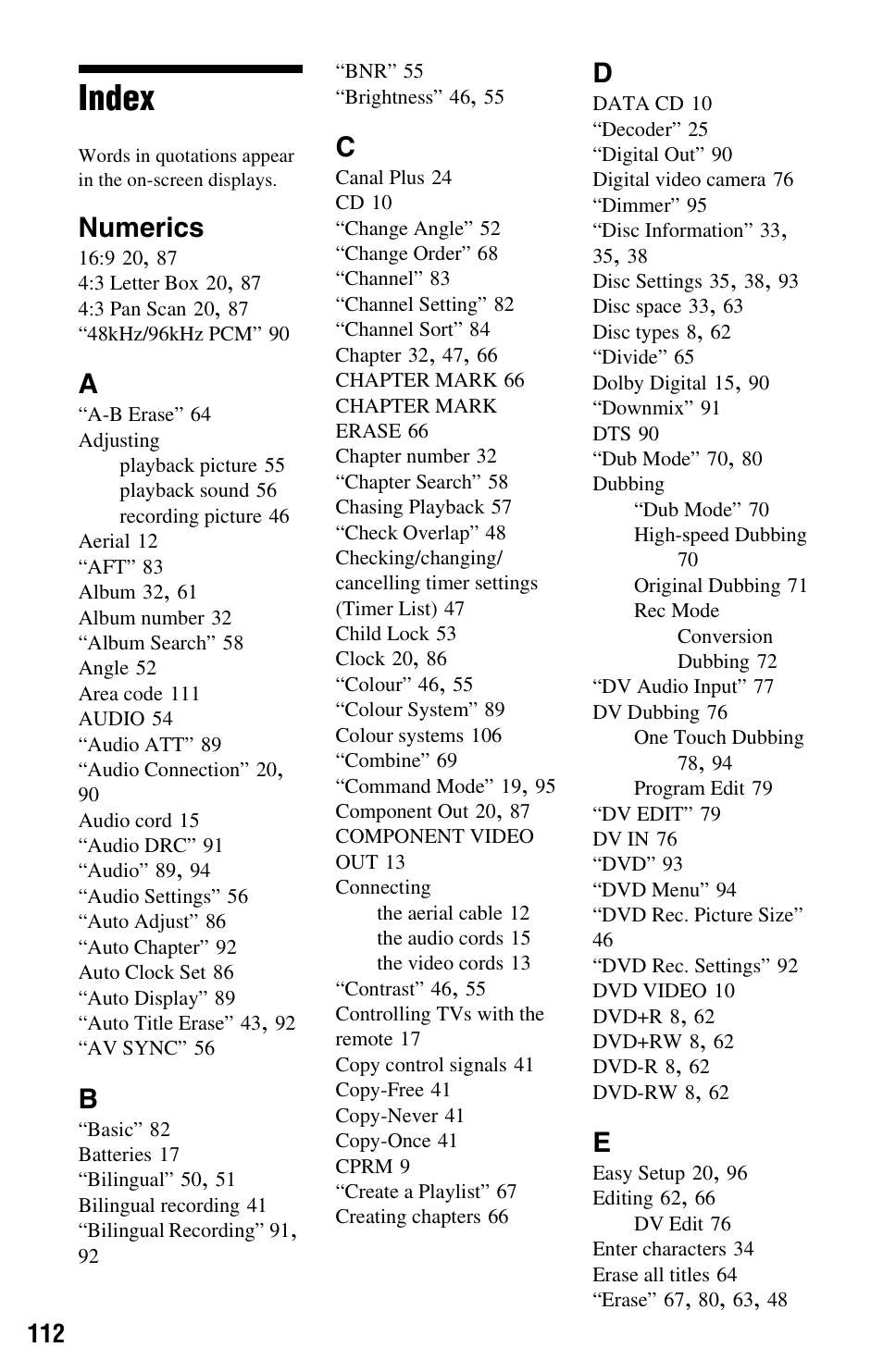 Index, Numerics | Sony VIDEO Plus RDR-HX720 User Manual | Page 112 / 116