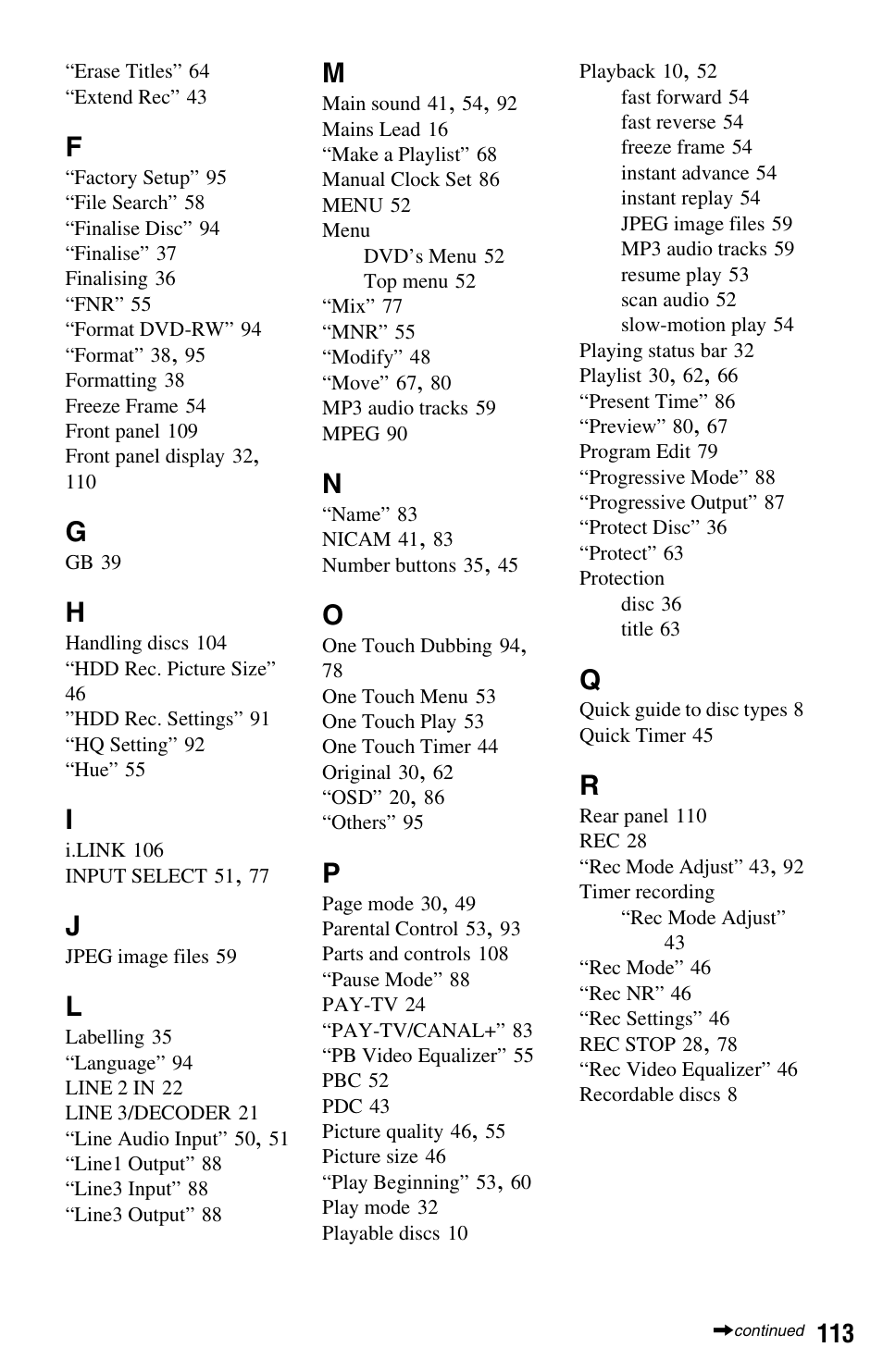 Sony VIDEO Plus RDR-HX720 User Manual | Page 113 / 116