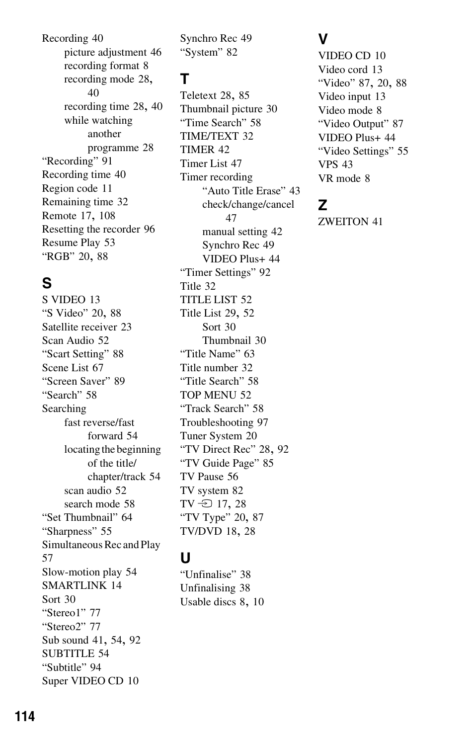 Sony VIDEO Plus RDR-HX720 User Manual | Page 114 / 116