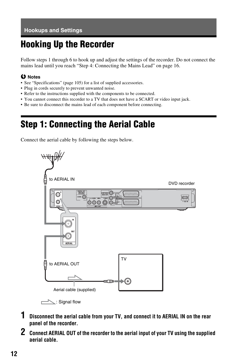 Hookups and settings, Hooking up the recorder, Step 1: connecting the aerial cable | Sony VIDEO Plus RDR-HX720 User Manual | Page 12 / 116
