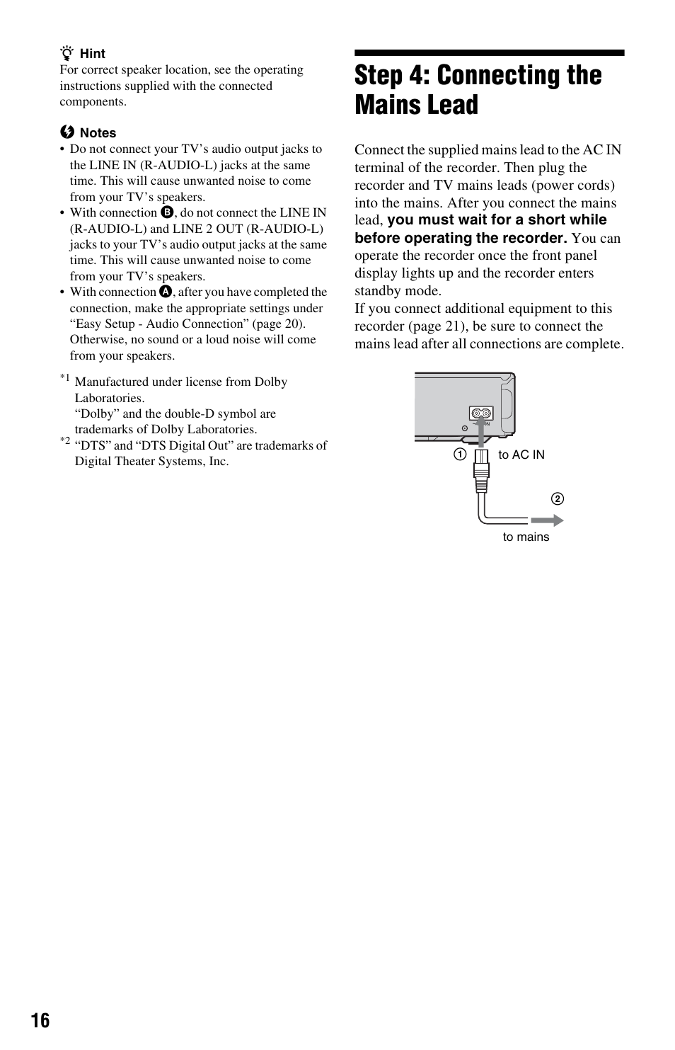 Step 4: connecting the mains lead | Sony VIDEO Plus RDR-HX720 User Manual | Page 16 / 116