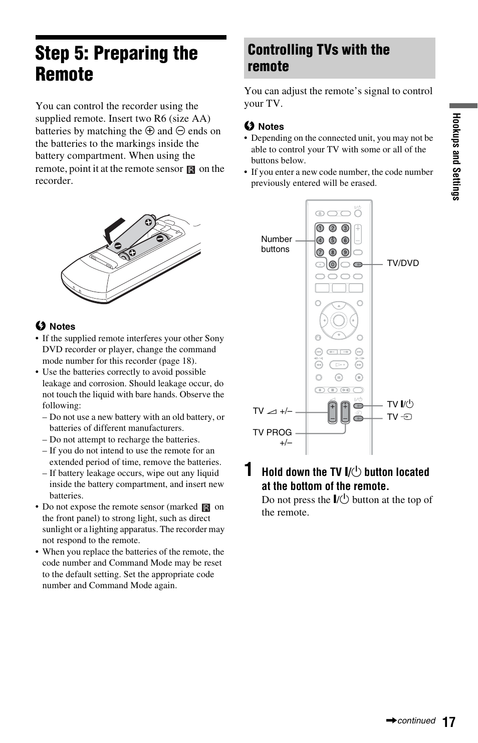 Step 5: preparing the remote, Controlling tvs with the remote | Sony VIDEO Plus RDR-HX720 User Manual | Page 17 / 116