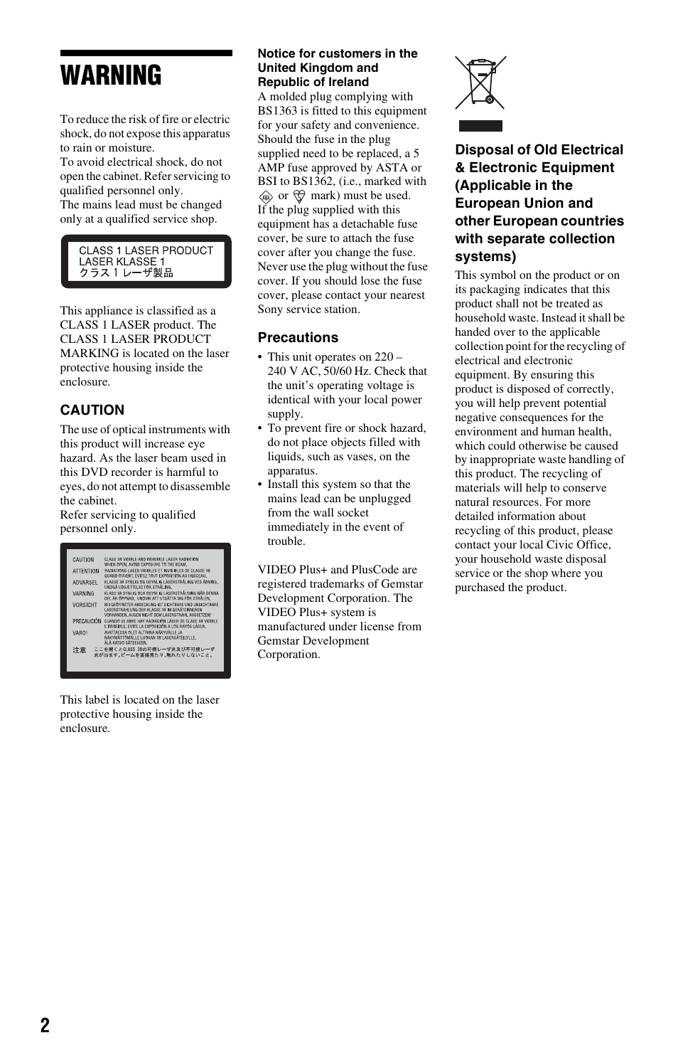 Warning | Sony VIDEO Plus RDR-HX720 User Manual | Page 2 / 116