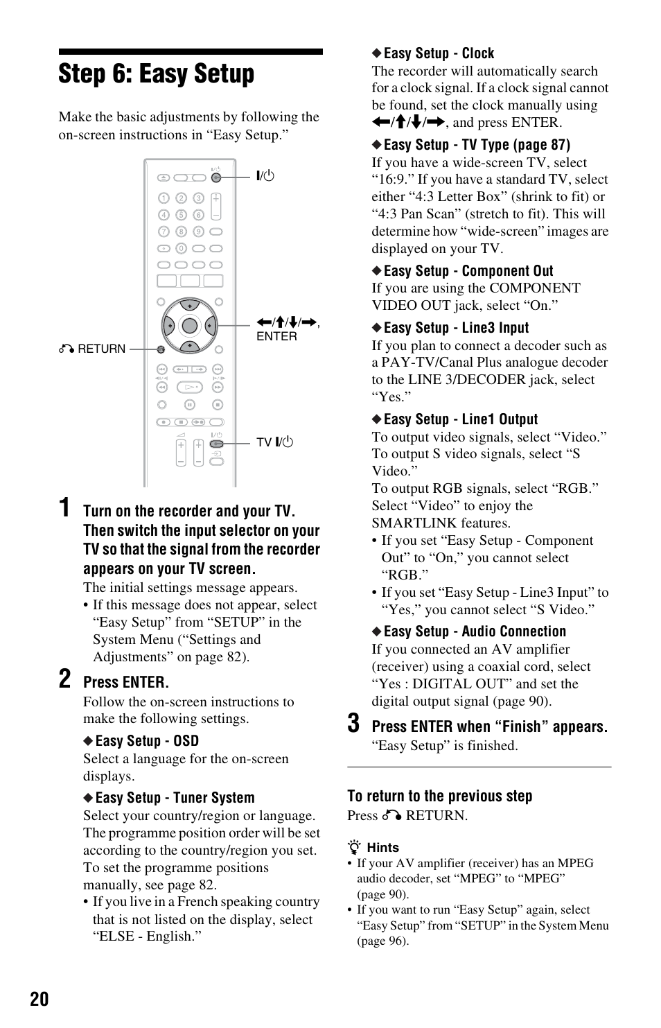 Step 6: easy setup | Sony VIDEO Plus RDR-HX720 User Manual | Page 20 / 116