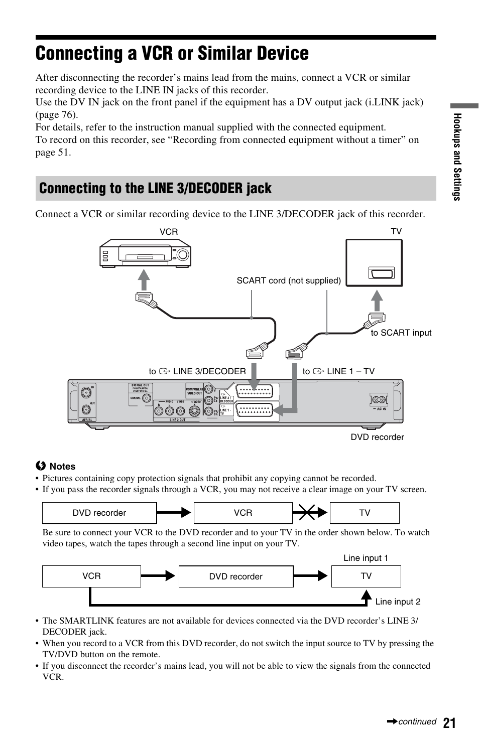 Connecting a vcr or similar device, Connecting to the line 3/decoder jack | Sony VIDEO Plus RDR-HX720 User Manual | Page 21 / 116