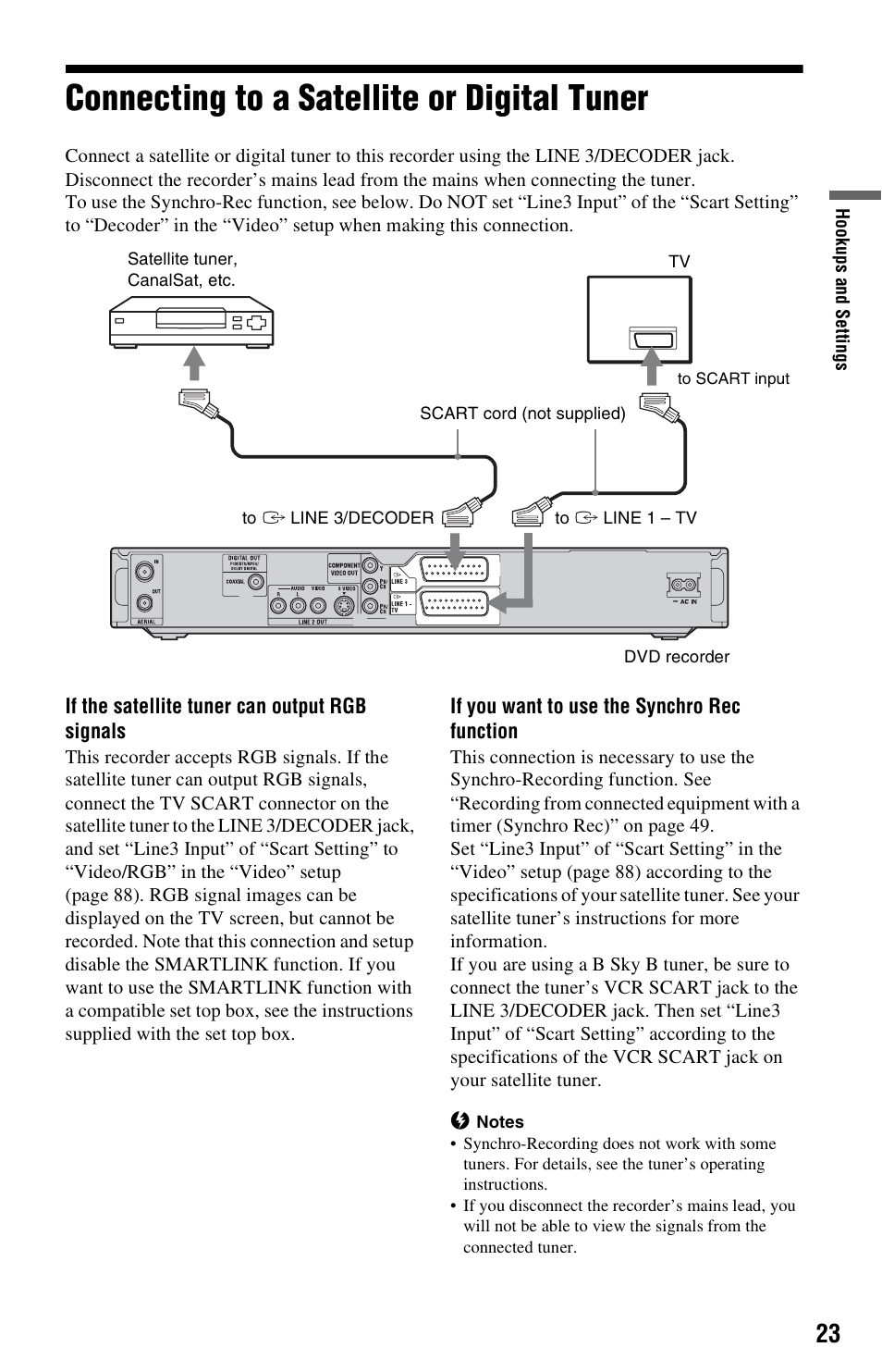 Connecting to a satellite or digital tuner | Sony VIDEO Plus RDR-HX720 User Manual | Page 23 / 116