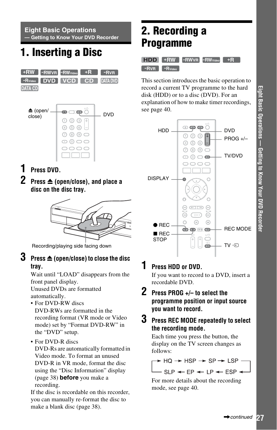 Inserting a disc, Recording a programme, Inserting a disc 2. recording a programme | Eight basic operations, Inserting a disc 1 | Sony VIDEO Plus RDR-HX720 User Manual | Page 27 / 116