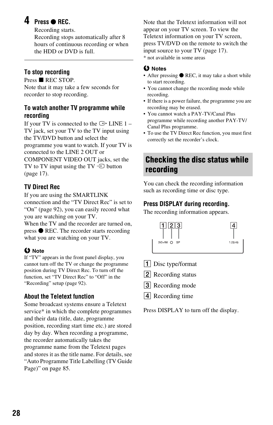 Checking the disc status while recording | Sony VIDEO Plus RDR-HX720 User Manual | Page 28 / 116