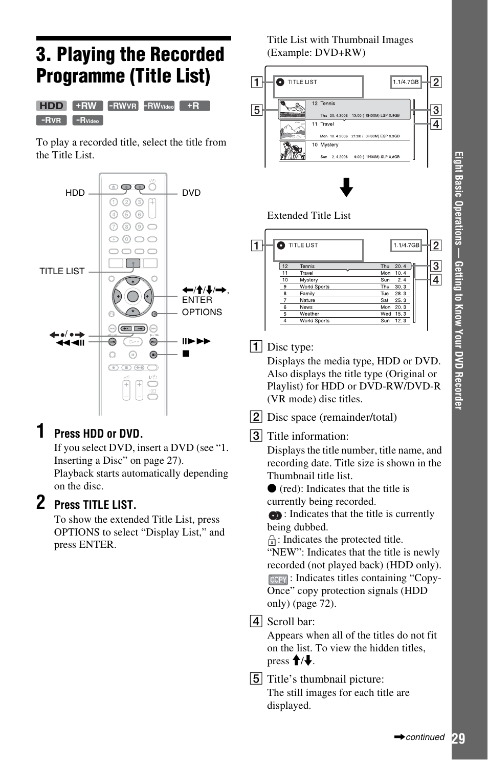 Playing the recorded programme (title list) | Sony VIDEO Plus RDR-HX720 User Manual | Page 29 / 116
