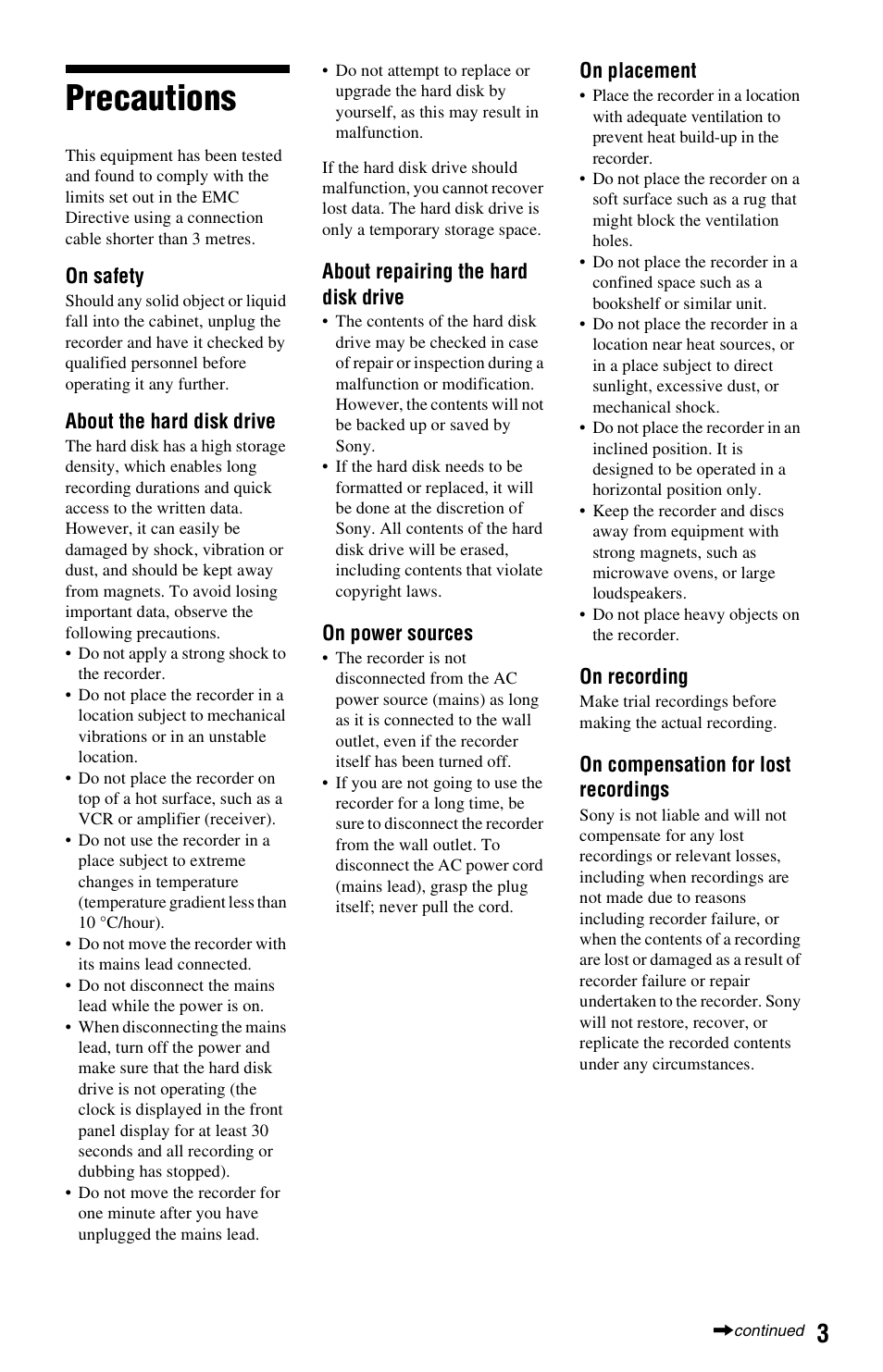 Precautions | Sony VIDEO Plus RDR-HX720 User Manual | Page 3 / 116