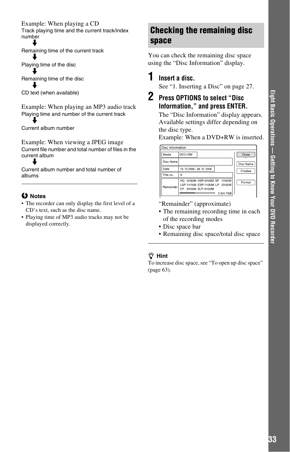 Checking the remaining disc space | Sony VIDEO Plus RDR-HX720 User Manual | Page 33 / 116