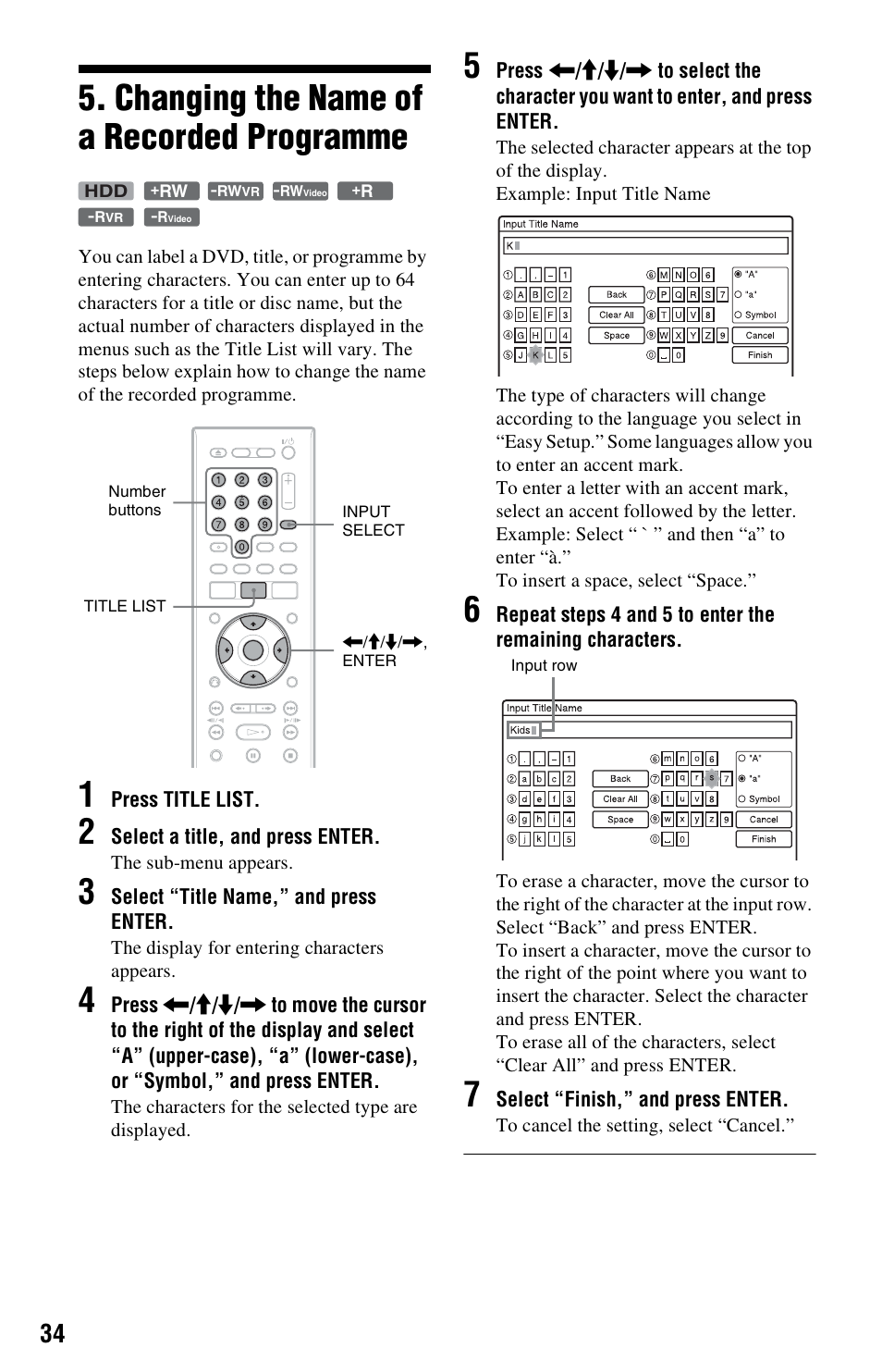 Changing the name of a recorded programme | Sony VIDEO Plus RDR-HX720 User Manual | Page 34 / 116