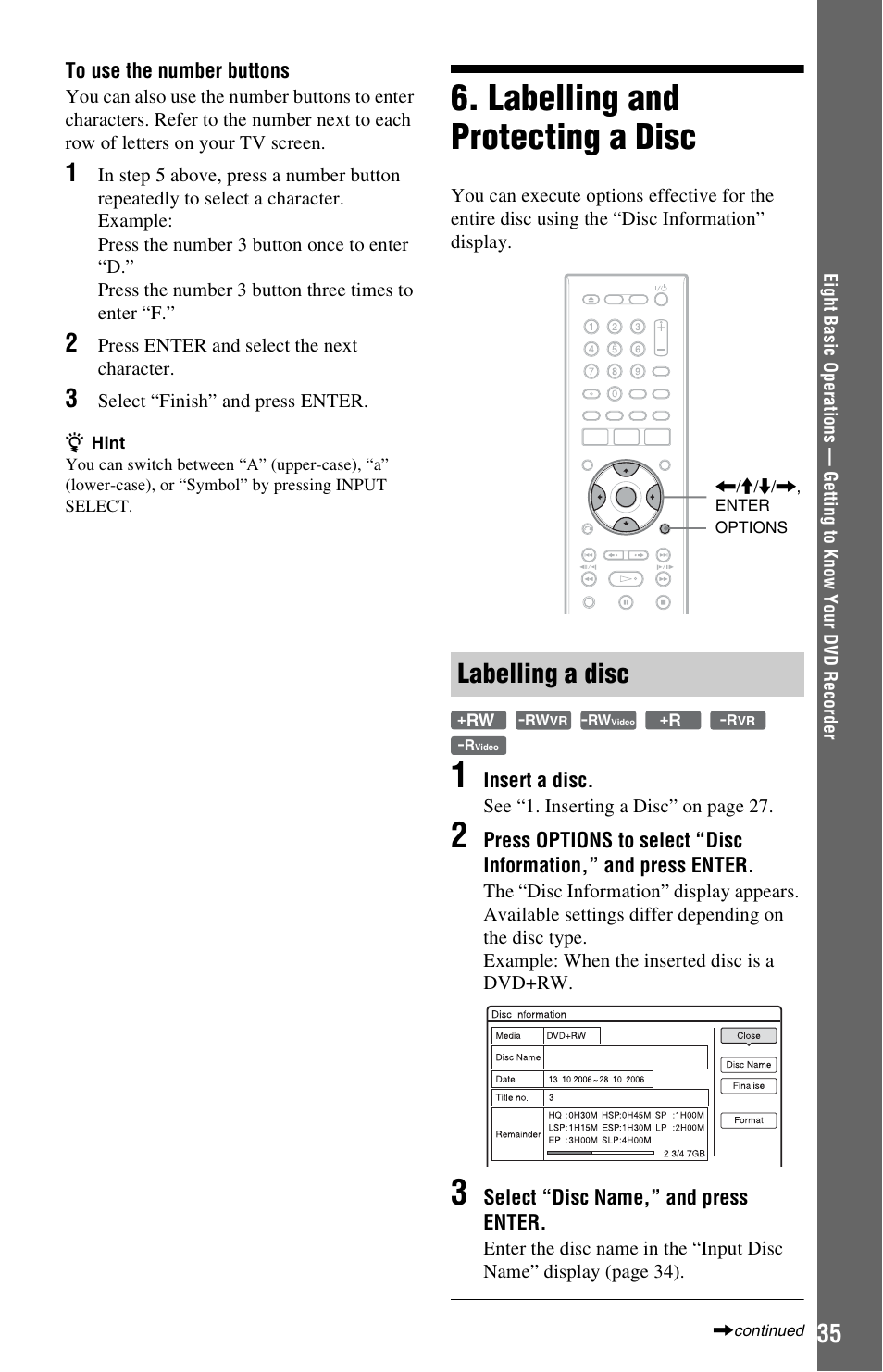 Labelling and protecting a disc, Labelling a disc | Sony VIDEO Plus RDR-HX720 User Manual | Page 35 / 116