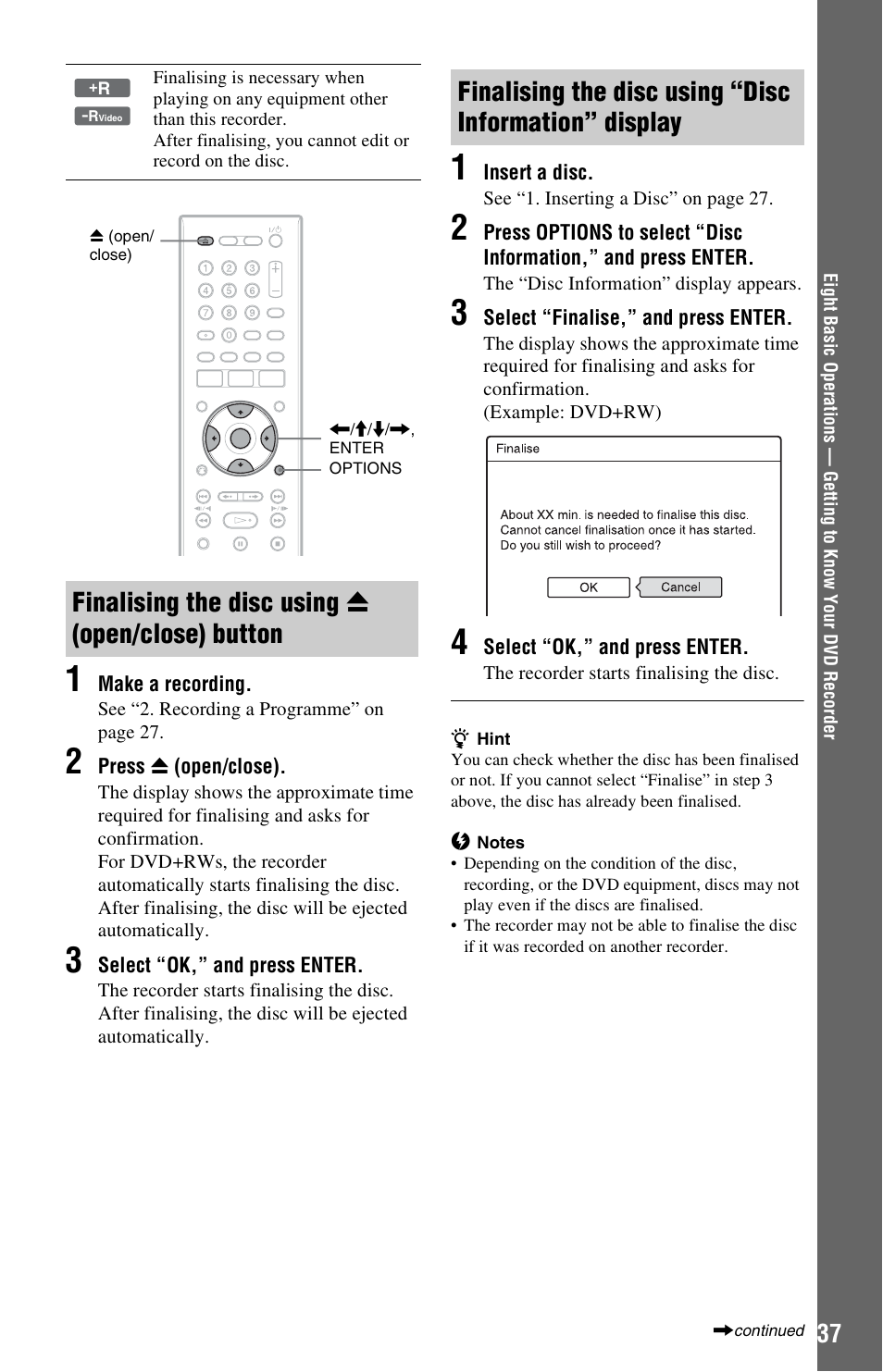 Finalising the disc using z (open/close) button, Finalising the disc using | Sony VIDEO Plus RDR-HX720 User Manual | Page 37 / 116