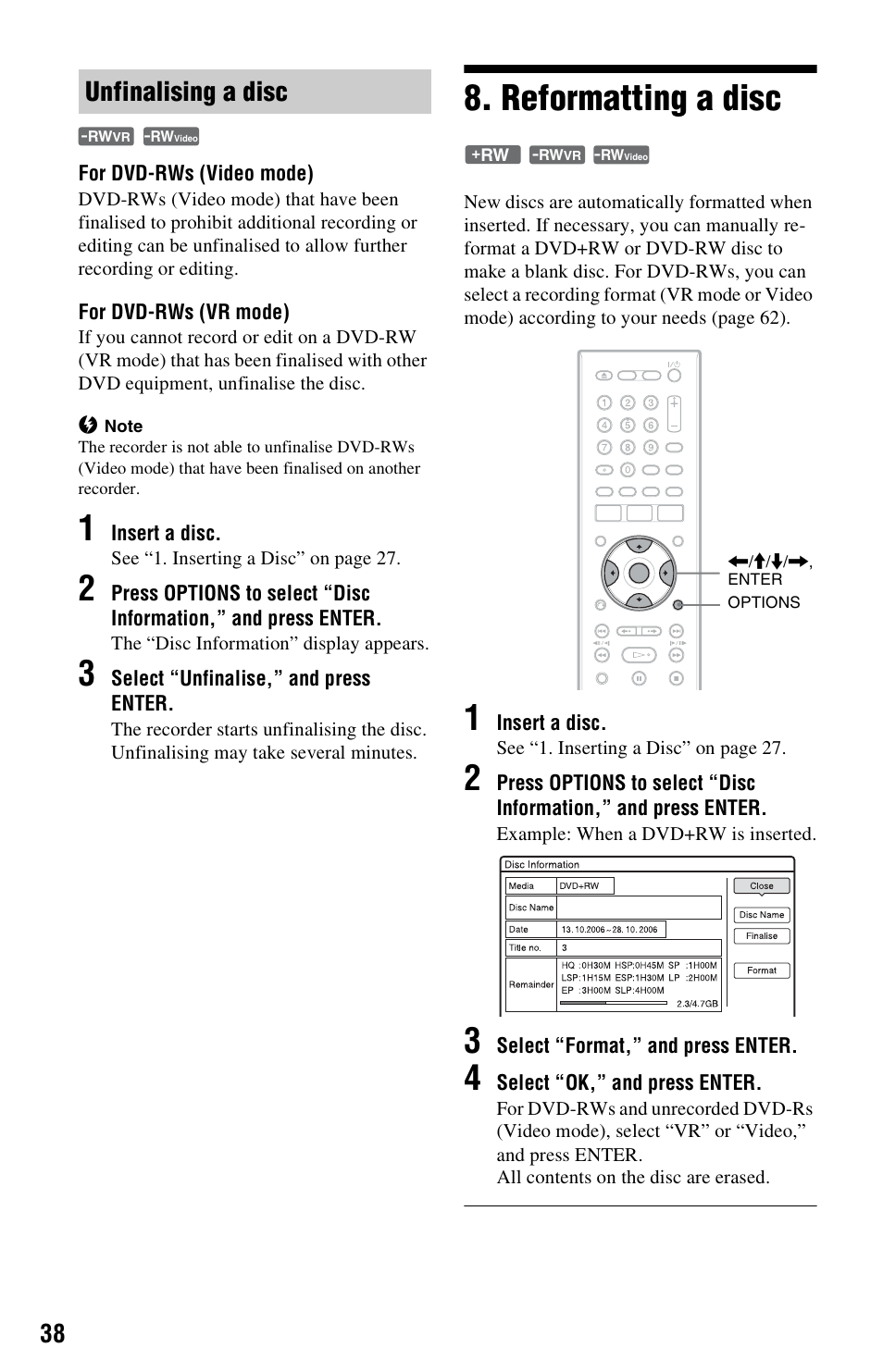 Unfinalising a disc, Reformatting a disc | Sony VIDEO Plus RDR-HX720 User Manual | Page 38 / 116