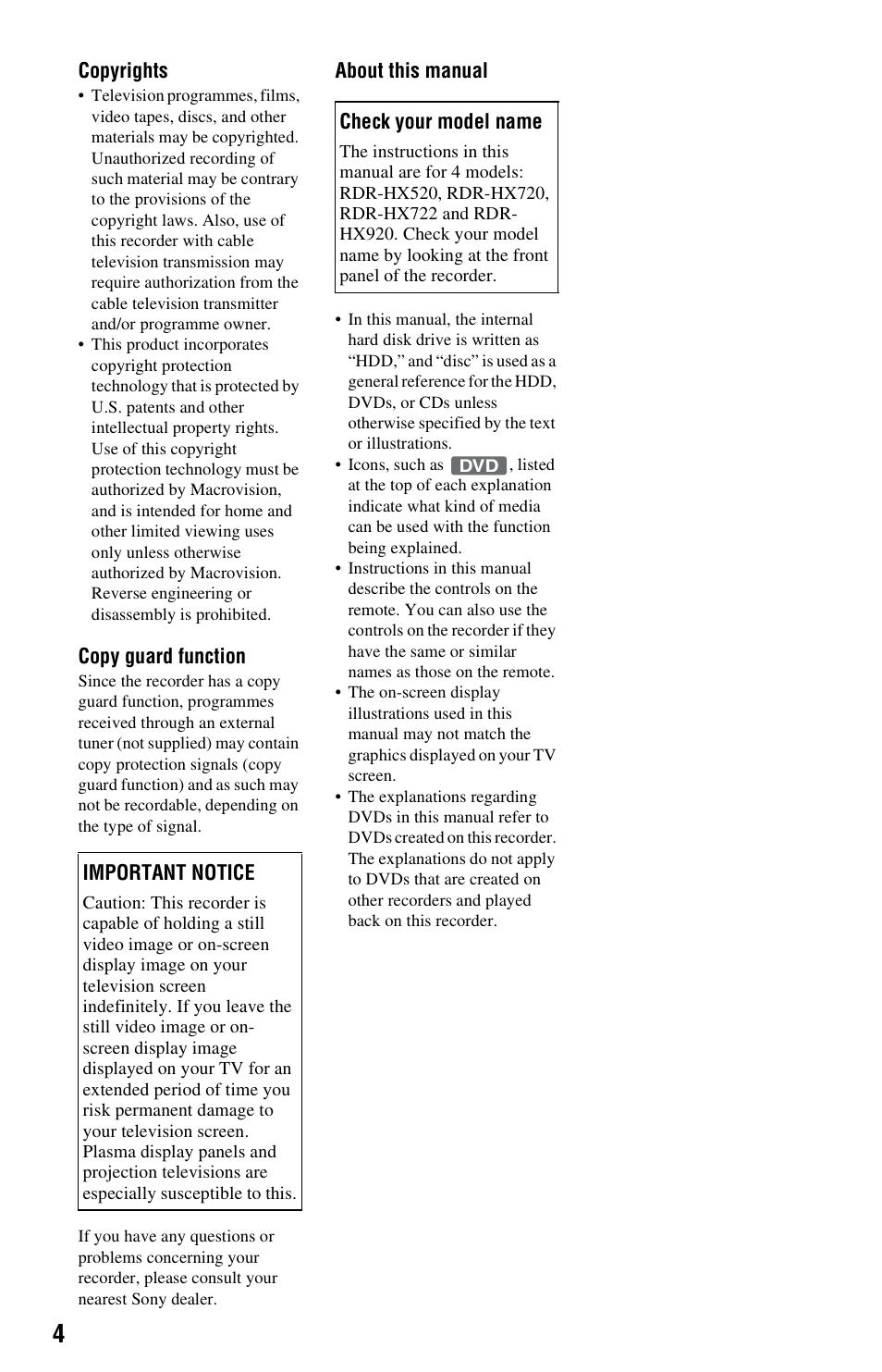 Sony VIDEO Plus RDR-HX720 User Manual | Page 4 / 116