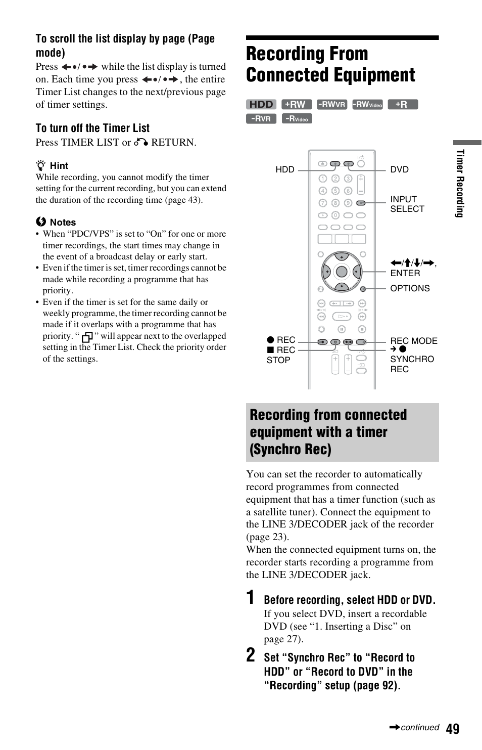 Recording from connected equipment | Sony VIDEO Plus RDR-HX720 User Manual | Page 49 / 116