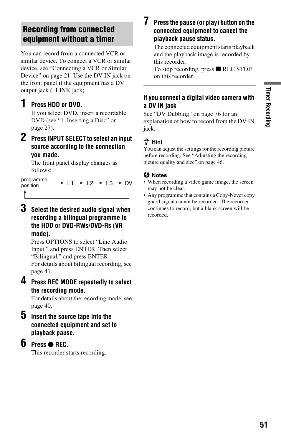 Recording from connected equipment without a timer | Sony VIDEO Plus RDR-HX720 User Manual | Page 51 / 116