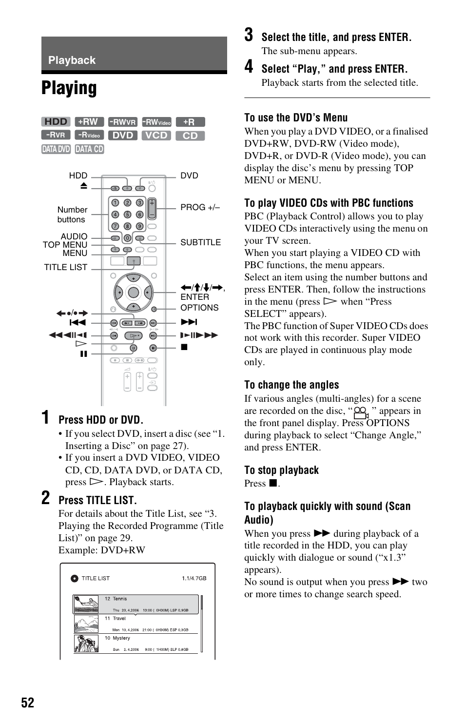 Playback, Playing, Playing 1 | Sony VIDEO Plus RDR-HX720 User Manual | Page 52 / 116