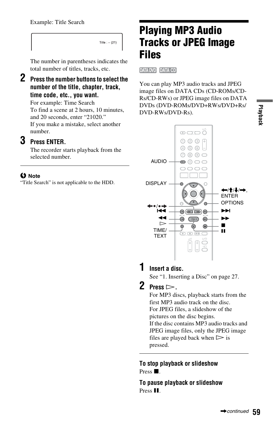Playing mp3 audio tracks or jpeg image files | Sony VIDEO Plus RDR-HX720 User Manual | Page 59 / 116