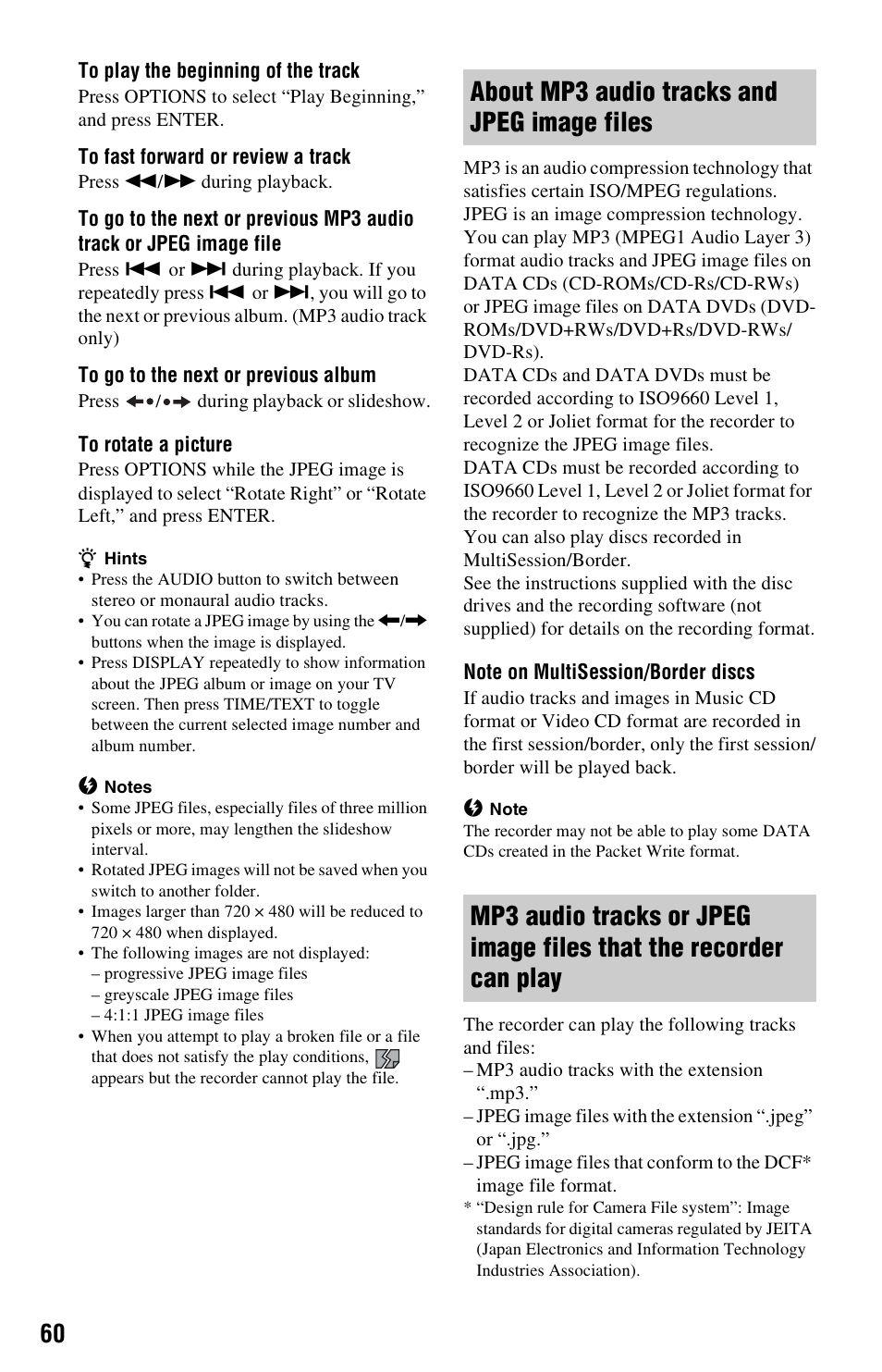 About mp3 audio tracks and jpeg image files | Sony VIDEO Plus RDR-HX720 User Manual | Page 60 / 116