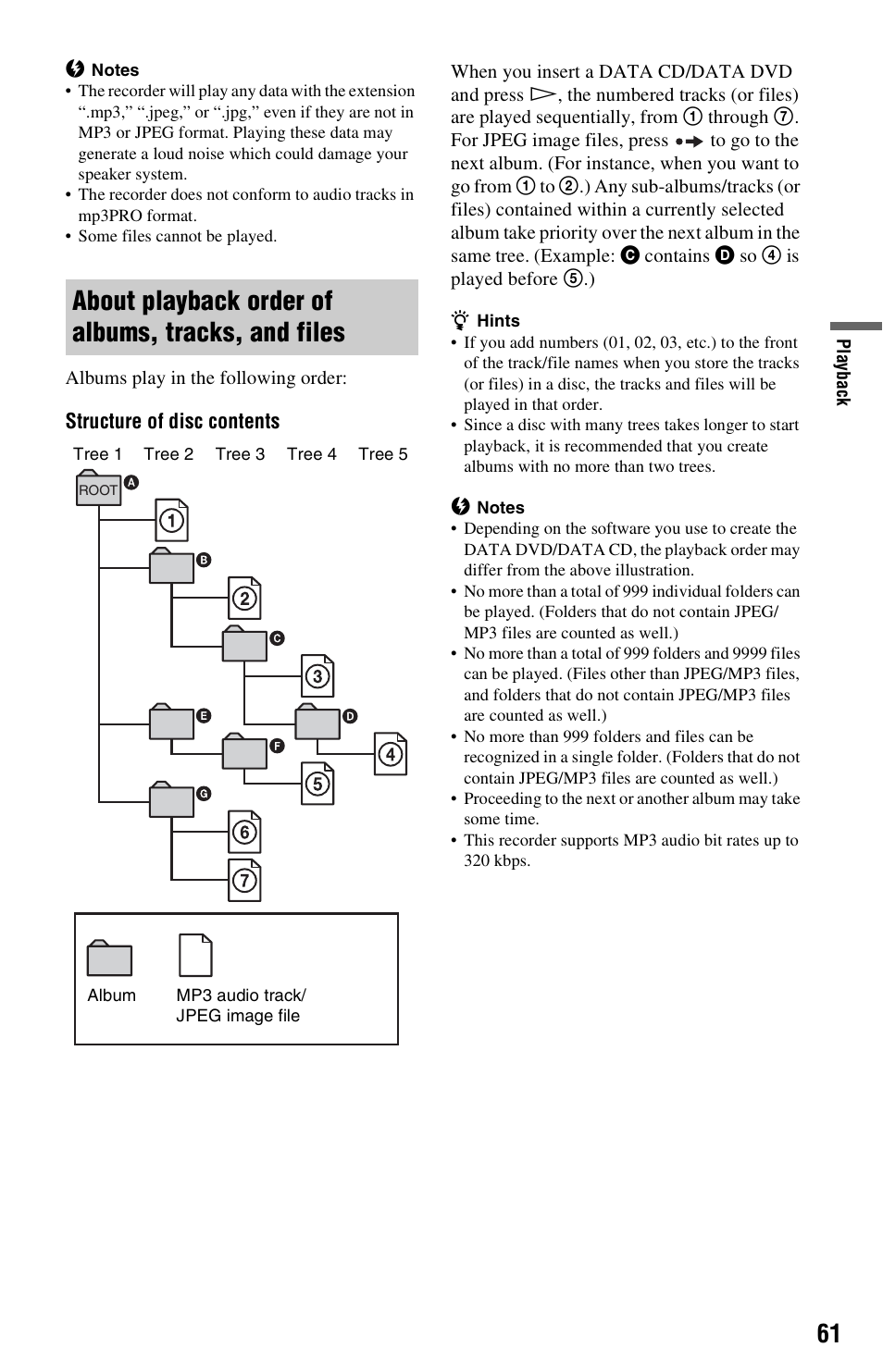 About playback order of albums, tracks, and files | Sony VIDEO Plus RDR-HX720 User Manual | Page 61 / 116