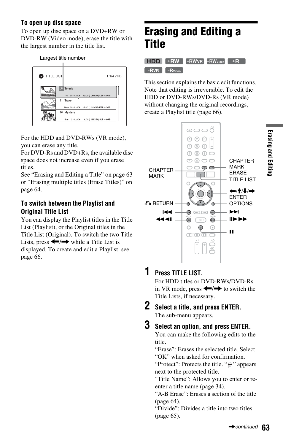 Erasing and editing a title | Sony VIDEO Plus RDR-HX720 User Manual | Page 63 / 116