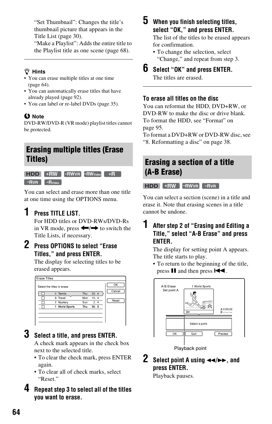 Erasing multiple titles (erase titles), Erasing a section of a title (a-b erase) | Sony VIDEO Plus RDR-HX720 User Manual | Page 64 / 116