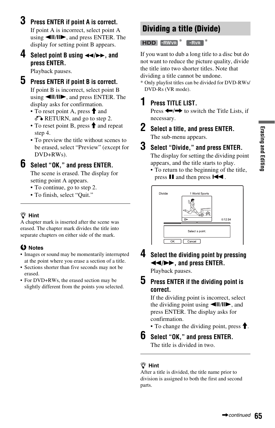 Dividing a title (divide) | Sony VIDEO Plus RDR-HX720 User Manual | Page 65 / 116