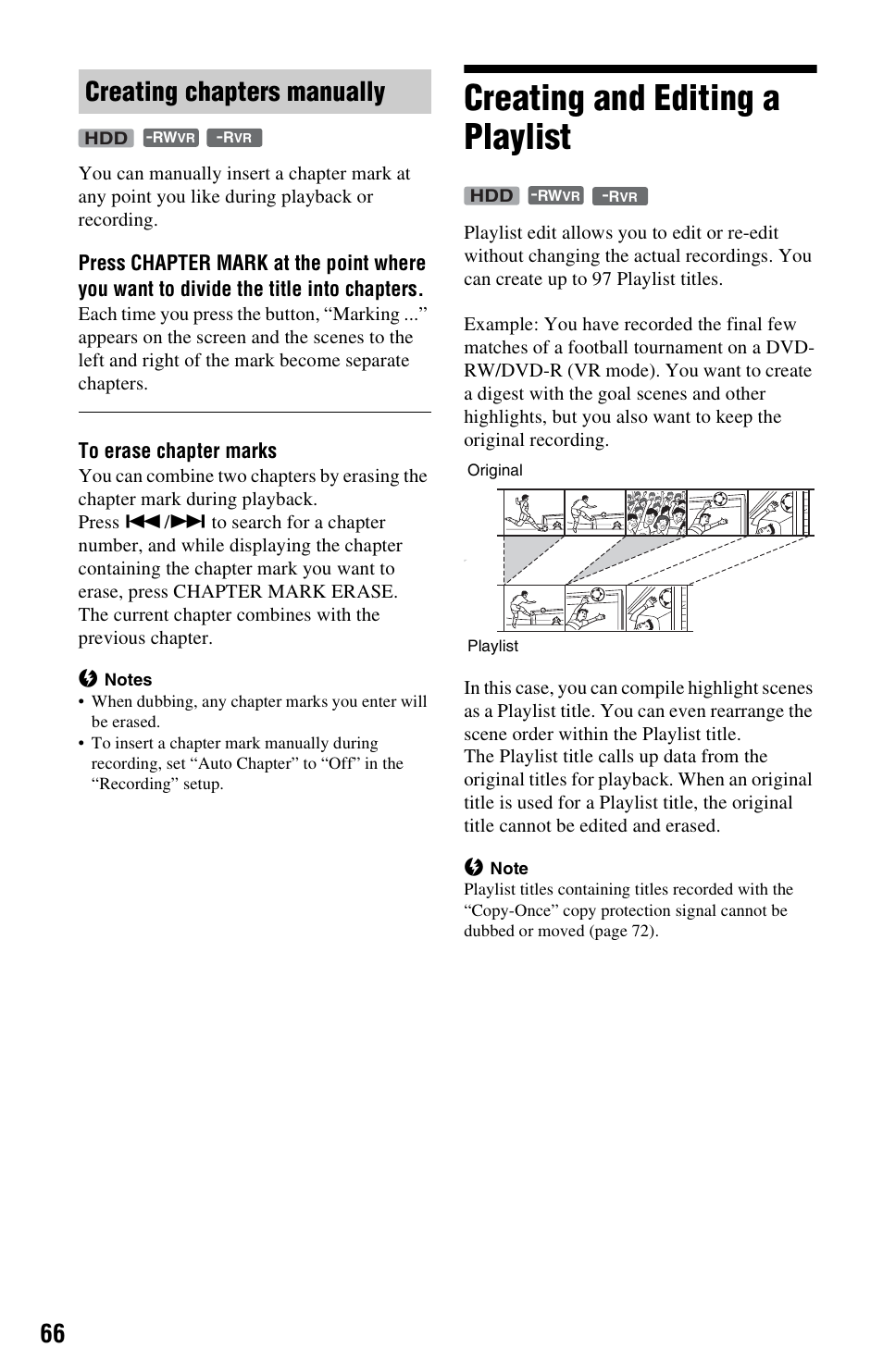 Creating chapters manually, Creating and editing a playlist | Sony VIDEO Plus RDR-HX720 User Manual | Page 66 / 116