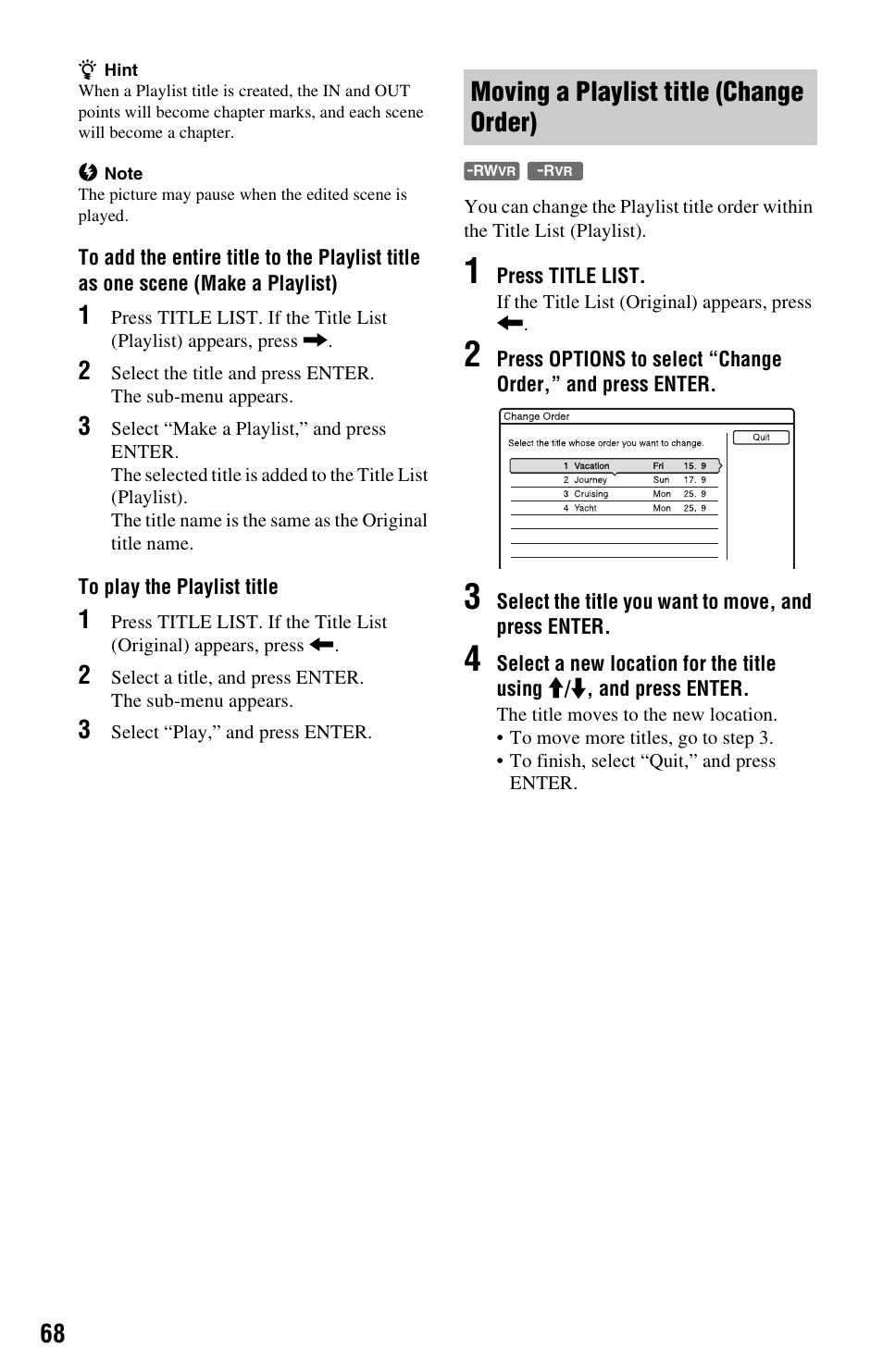 Moving a playlist title (change order) | Sony VIDEO Plus RDR-HX720 User Manual | Page 68 / 116